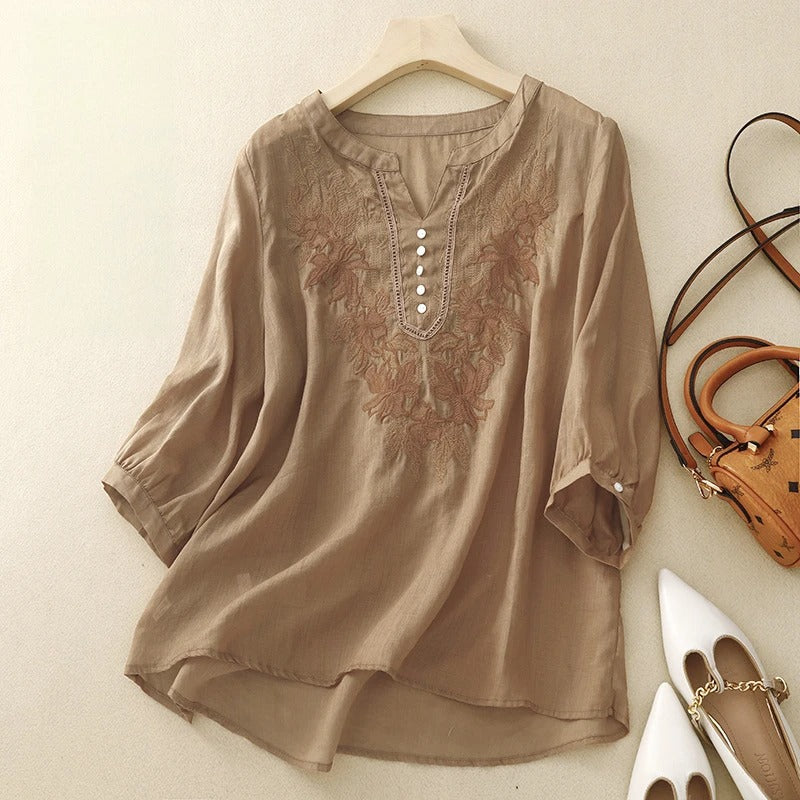Blusa Linen Breeze™ — Experimente Elegância o Dia Todo Envolta em Conforto Leve como uma Pena