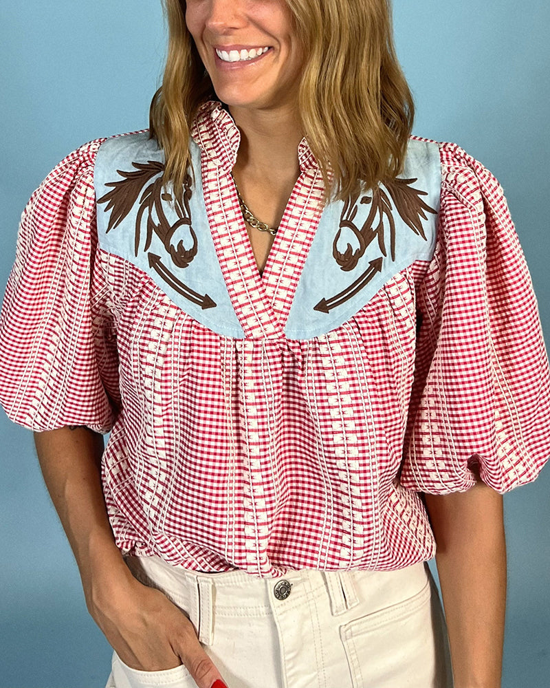 Emlyn — Cotton Blend Puff Sleeve Top with Horse Embroidery