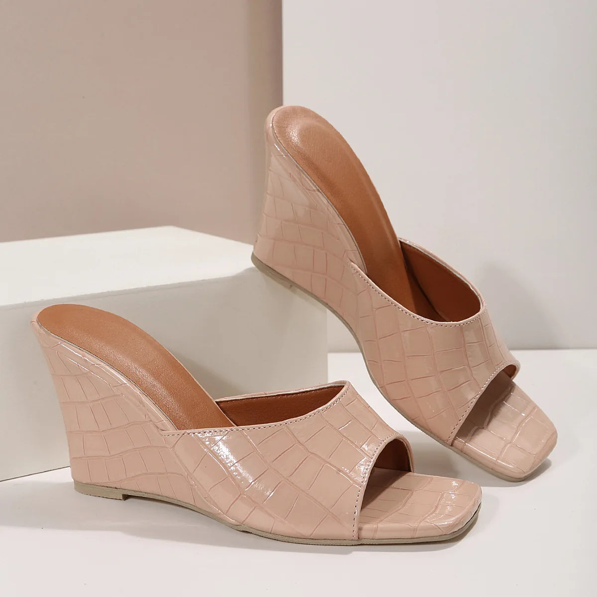 Liora — Croc-Embossed Faux Leather Wedge Mules with Open Square Toe