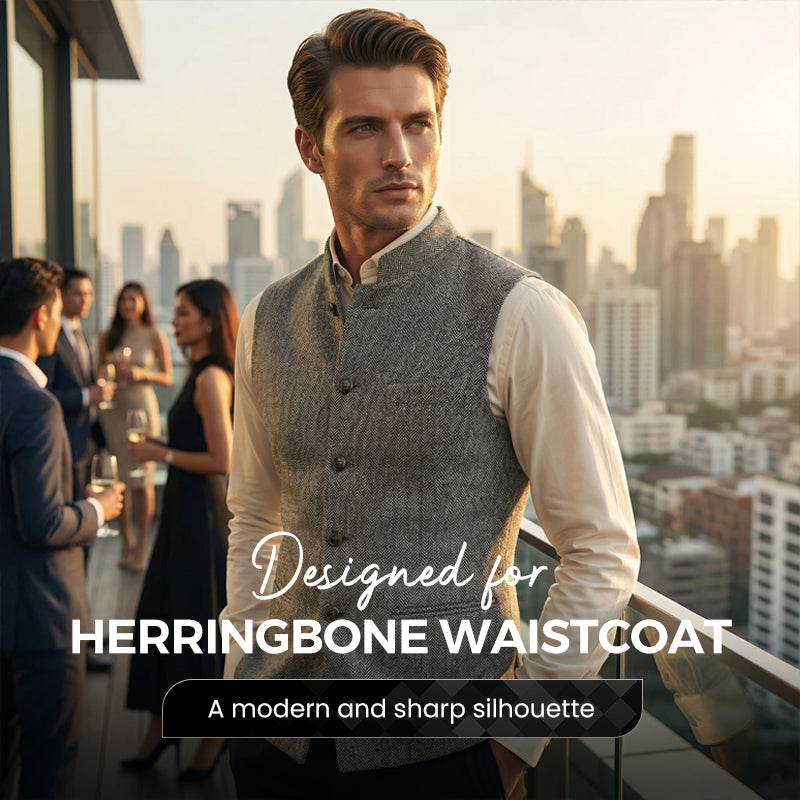 Harrison Herringbone Waistcoat | Stand Collar, Modern Fit, Silver, Polyester Fiber