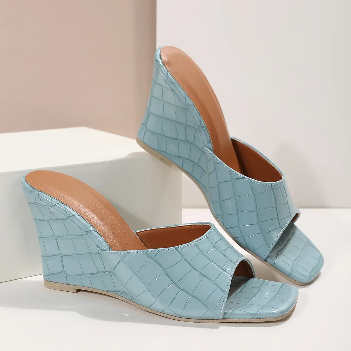 Liora — Croc-Embossed Faux Leather Wedge Mules with Open Square Toe