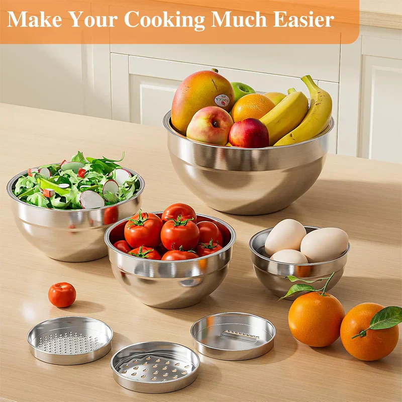 Sleek Mixing Bowl Set | Stainless Steel, 6 Bowls with Lids and Grater Attachments