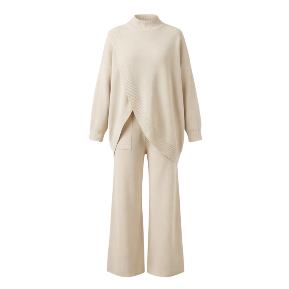 Viva Asymmetric Knit Set | Soft Polyester, Wide Leg Pants