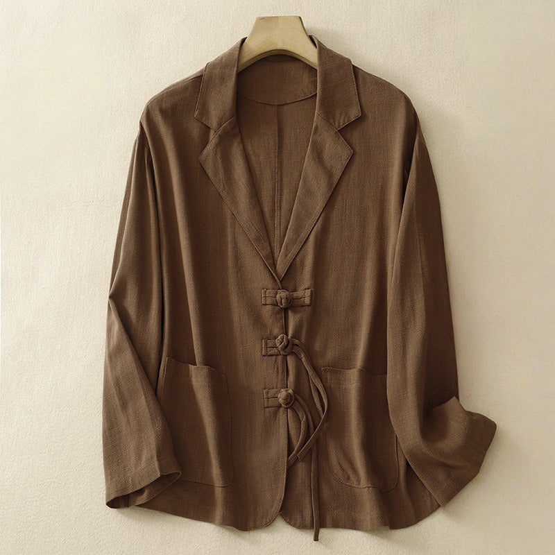 Arlena Linen Jacket — Lightweight Breathable Layer with Knotted Closures