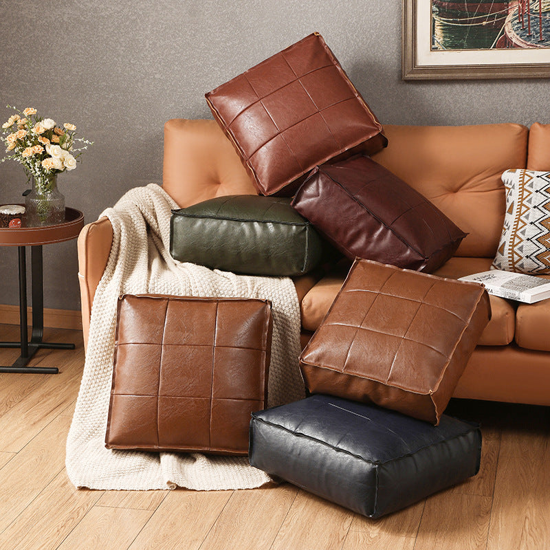 Alaris Pouf — Moroccan Faux Leather Floor Cushion with Stitched Grid Design