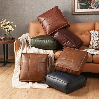 Alaris Pouf — Moroccan Faux Leather Floor Cushion with Stitched Grid Design