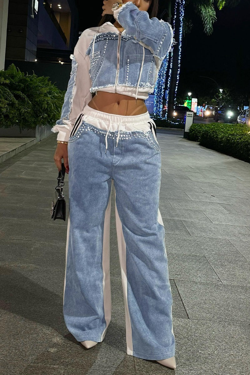 Denim Patchwork Rhinestone Suit 35$ TODAY ONLY