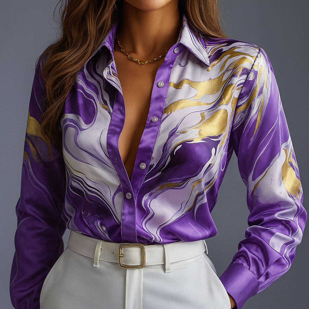 Liora — Chemise en satin de soie marbrée avec coupe fluide