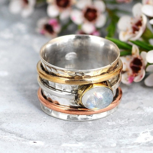 Wide Band Two Tone Moonstone Spinner Ring