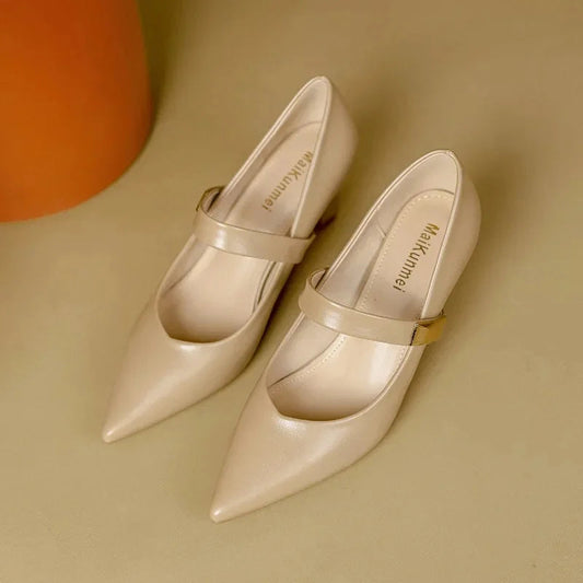 Selora — Genuine Leather Mary Jane Heels with Kitten Heel and Gold Strap