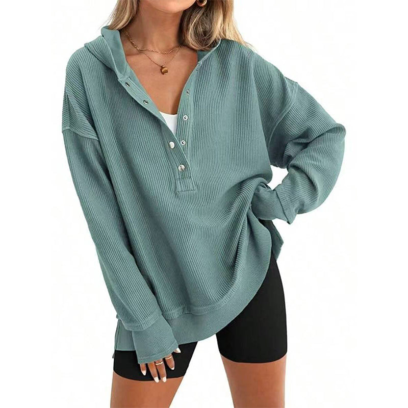 Norelixa — Women's Long Sleeve V-Neck Button Hoodie with Relaxed Fit