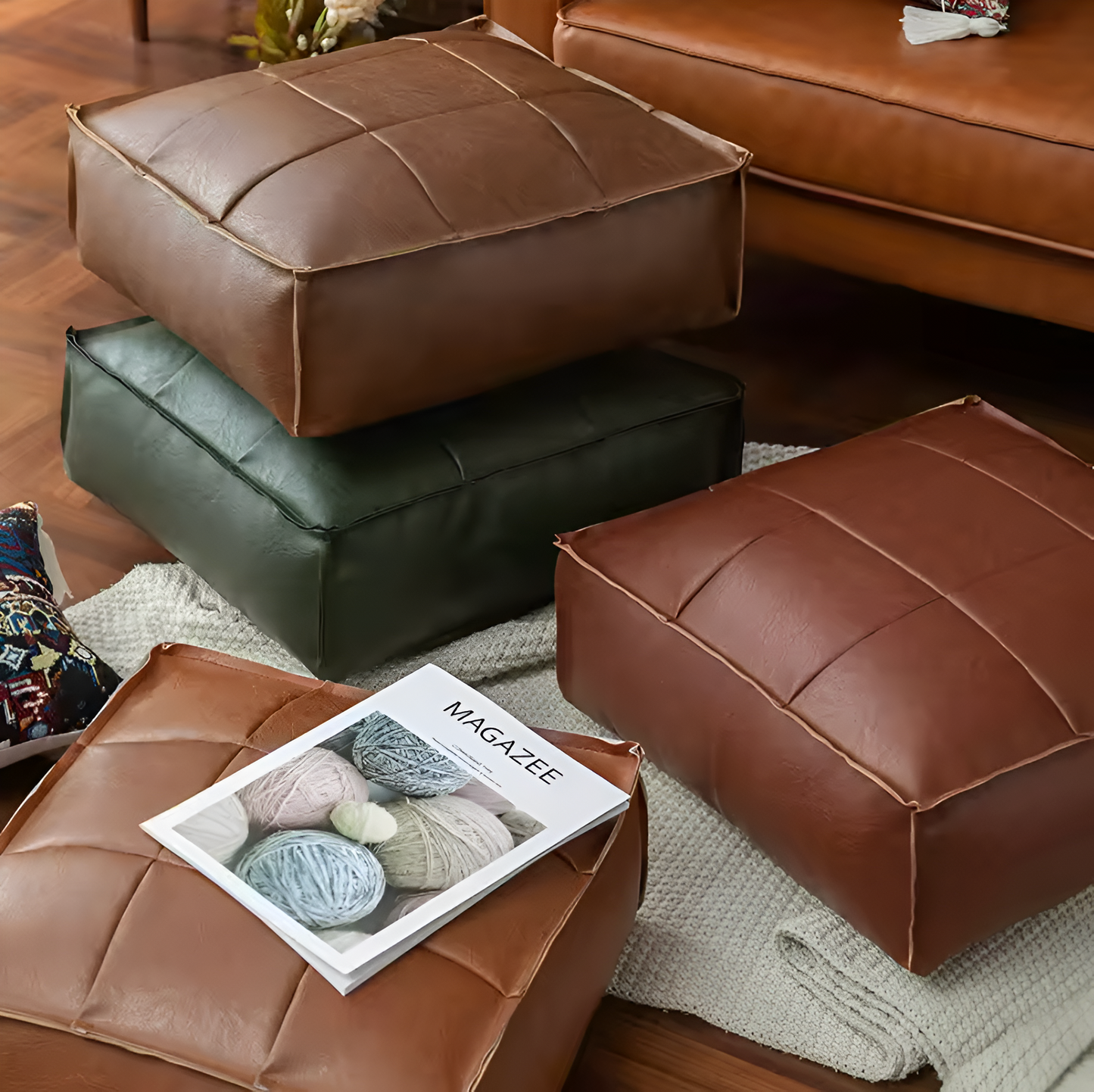Alaris Pouf — Moroccan Faux Leather Floor Cushion with Stitched Grid Design