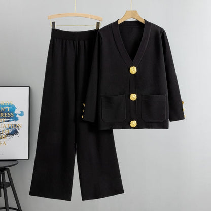 Lyricra — Metallic Button Knit Sweater & Wide-Leg Pants Set