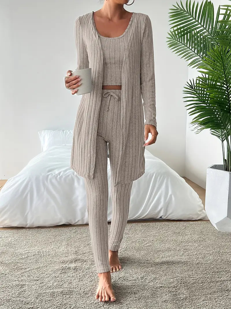 Set Lounge in Maglia Costina Nerina da 3 Pezzi con Vestibilità Slim