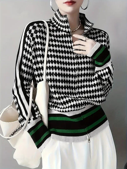 Corbin — Herre Houndstooth Striktrøje med Lynlåshals