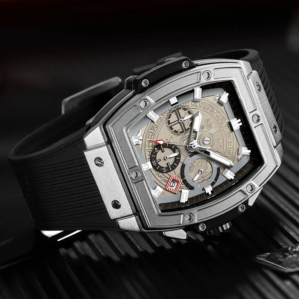 Orologio cronografo Tavion Chrono inciso in stile azteco con cinturino in silicone
