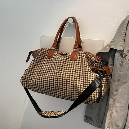 Cortelle Weekender Tasche — Hahnentritt-Canvas-Reisetasche mit veganem Lederbesatz