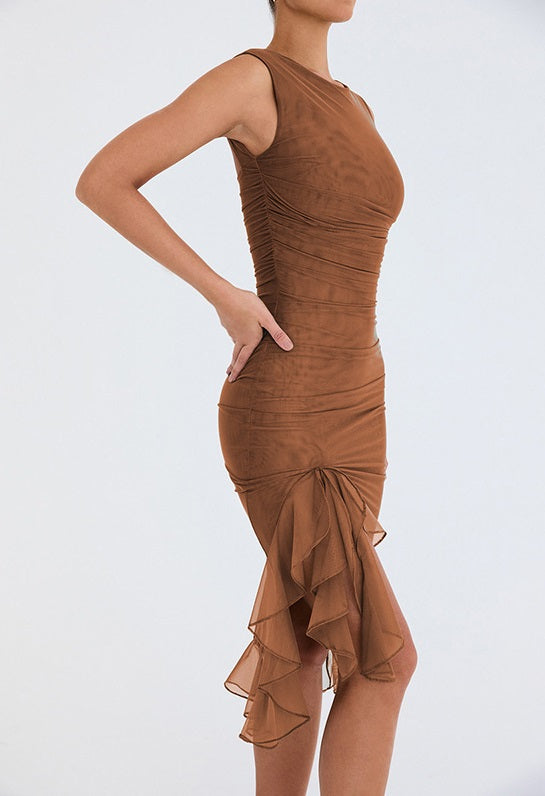 Liora — Women's Crew Neck Sheath Dress with Flounced Ribbon Accent
