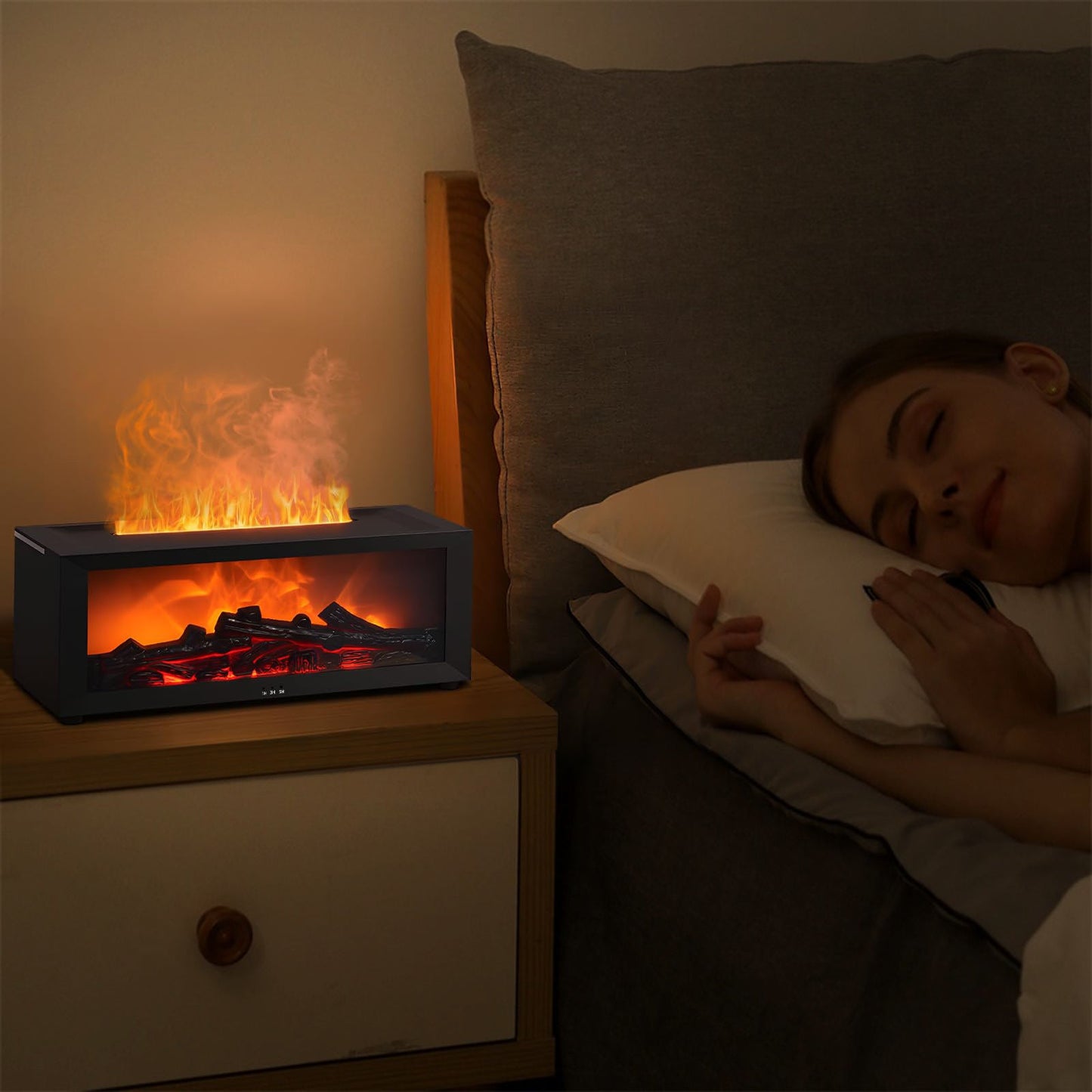 Veloira Flame Diffuser — ultraääninen aromadiffuuseri LED-takkatehosteella