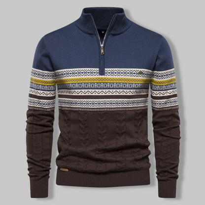 Liron — Pull homme bicolore en maille torsadée avec demi-fermeture éclair