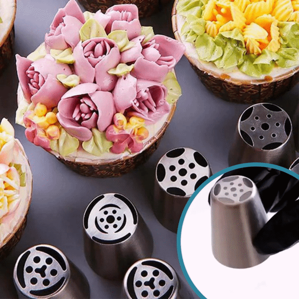 Tulina CakeCraft — Rustfritt stål dekorasjonsdyse-sett med silikonpose