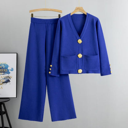 Lyricra — Metallic Button Knit Sweater & Wide-Leg Pants Set