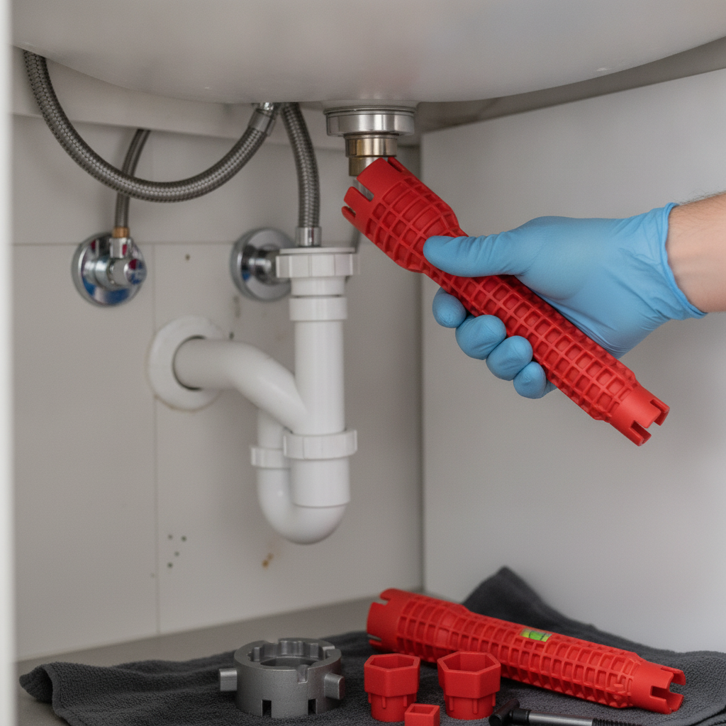8-in-1 sink wrench in use under a sink