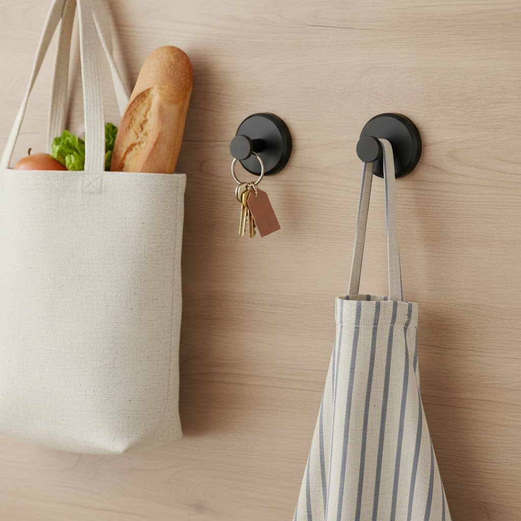 Black suction hooks holding a bag and keys