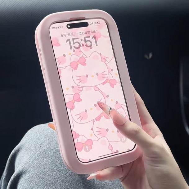 Lunelle Strawberry — Rózsaszín szilikon flip tok tükörrel és 3D-s masnival
