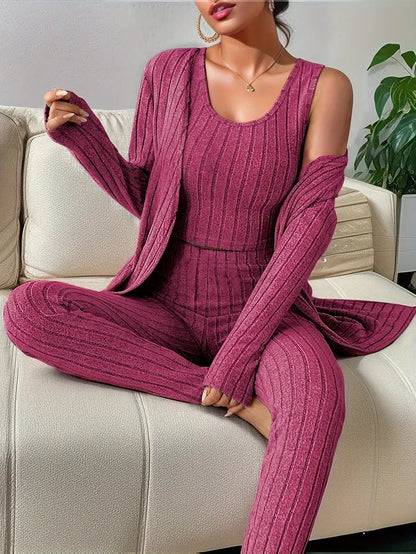 Set Lounge in Maglia Costina Nerina da 3 Pezzi con Vestibilità Slim