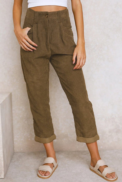 Lioren — Mid Rise Corduroy Casual Pants with Side Pockets