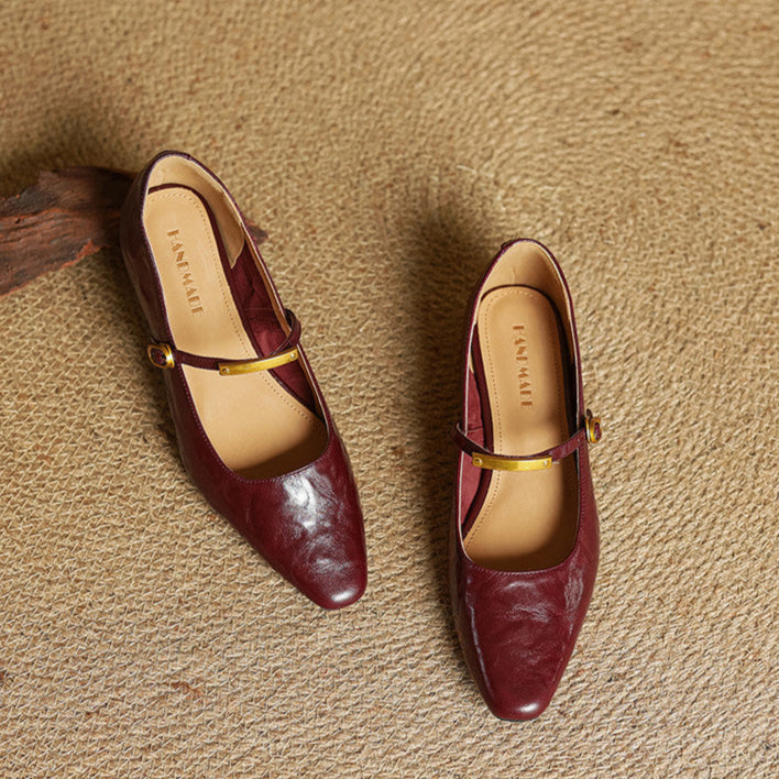Arrivo — Genuine Leather Mary Jane Pumps with Metal-Bit Accent