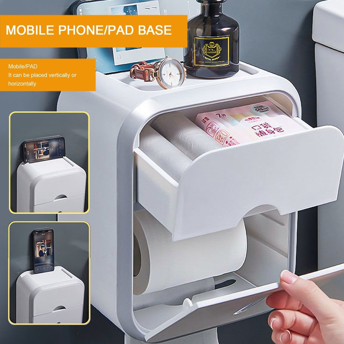 Liora — Punch-Free Wall-Mount Toilet Paper Holder with Storage Shelf