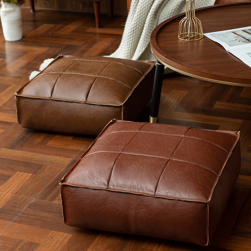 Alaris Pouf — Moroccan Faux Leather Floor Cushion with Stitched Grid Design