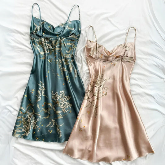 Serenna — Satin Touch Sleep Dress with Botanical Print