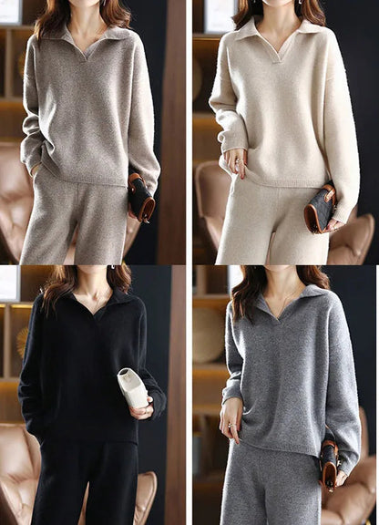 Mavren Cashmere Set — Two-Piece Polo Knit Outfit with Harem Pants