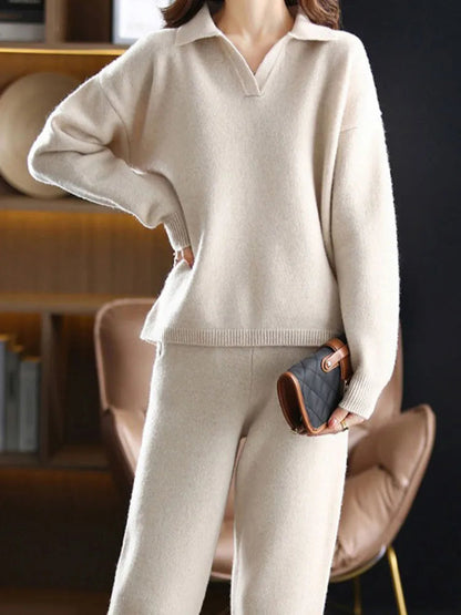 Mavren Cashmere Set — Two-Piece Polo Knit Outfit with Harem Pants