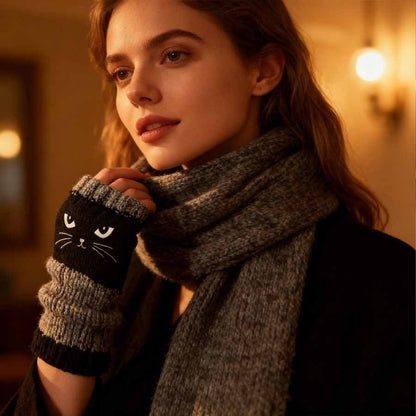 Myra CozyCat Fingerless Gloves — Warme Strickhandschuhe mit Katzenstickerei