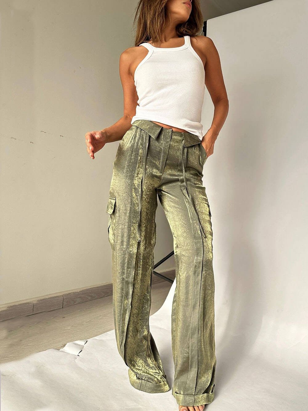 Liora — Wide-Leg Glitter Pants with Drawstring Waist and Pockets