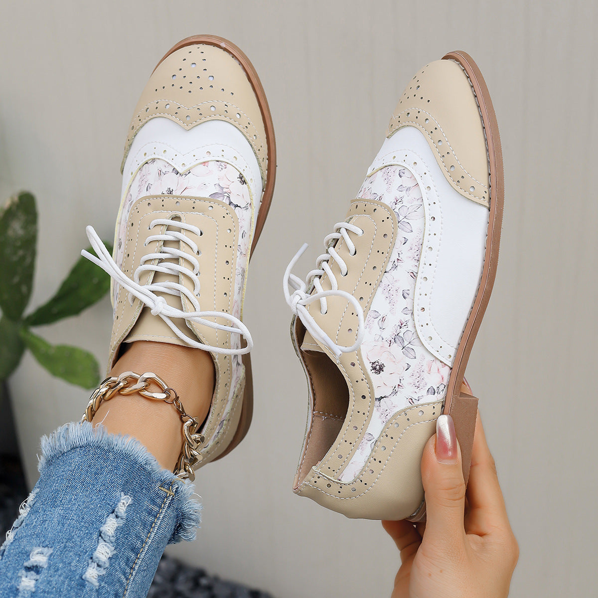 Norla Bloom — Women’s Pastel Brogue Shoes with Floral Detail
