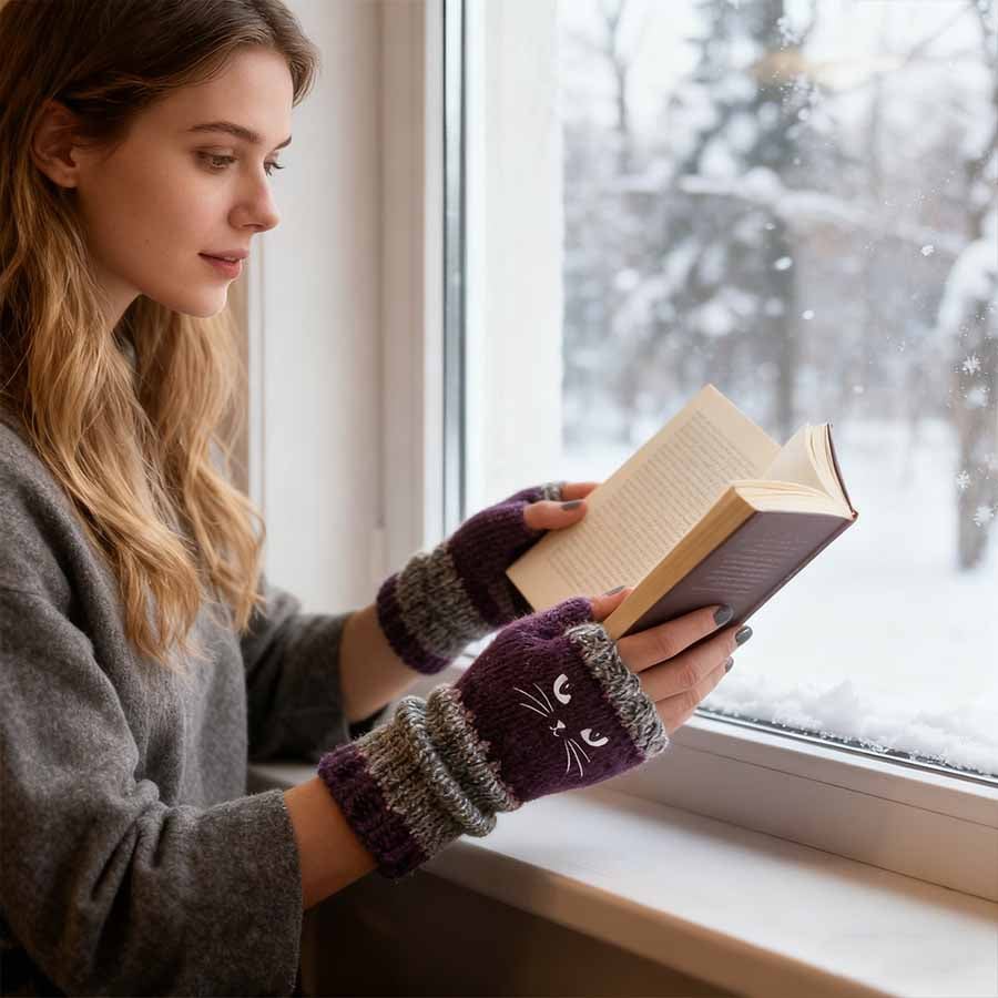 Myra CozyCat Fingerless Gloves — Warme Strickhandschuhe mit Katzenstickerei