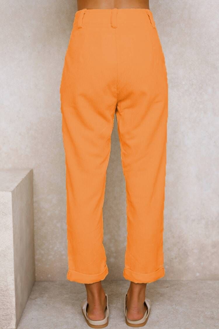 Lioren — Mid Rise Corduroy Casual Pants with Side Pockets