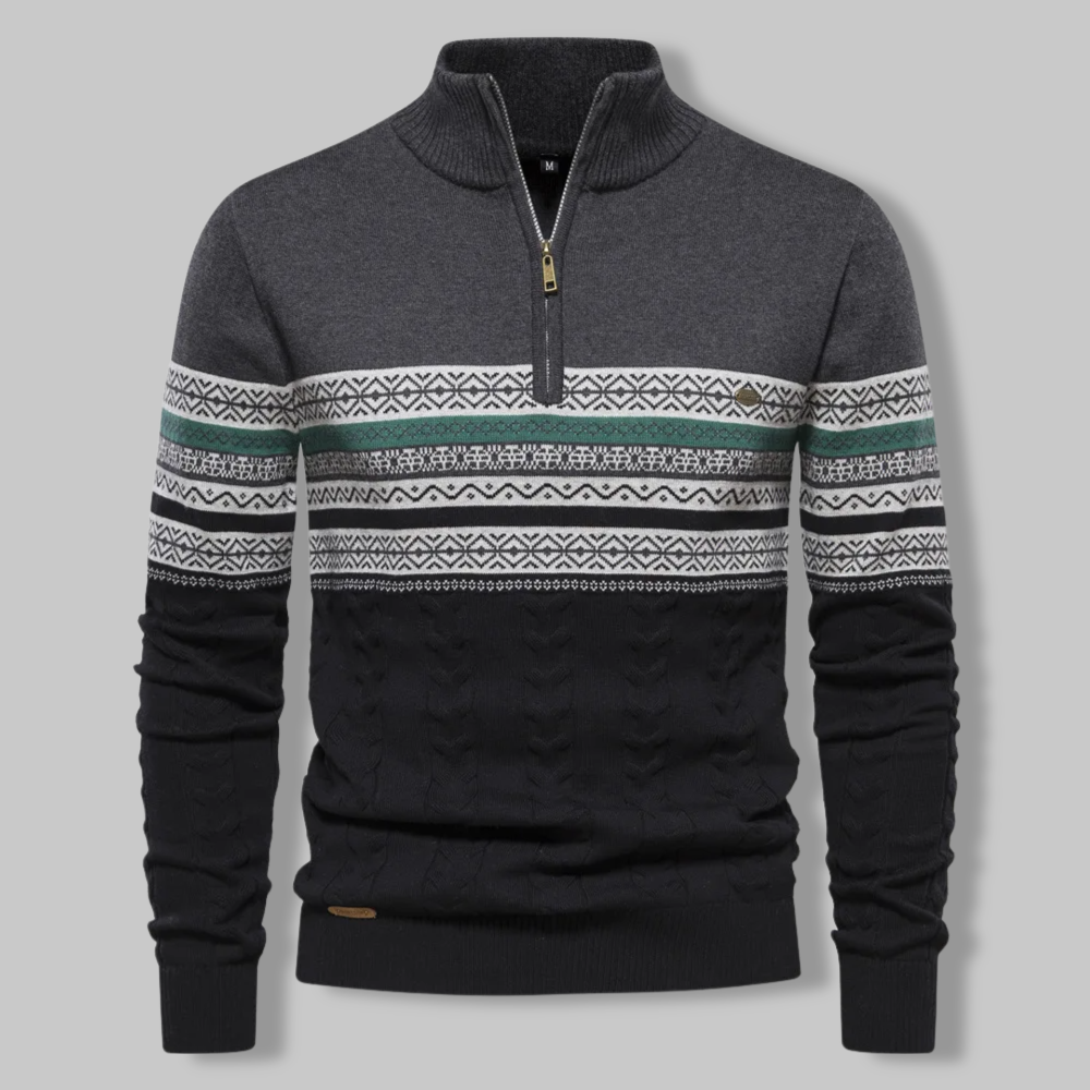 Liron — Pull homme bicolore en maille torsadée avec demi-fermeture éclair