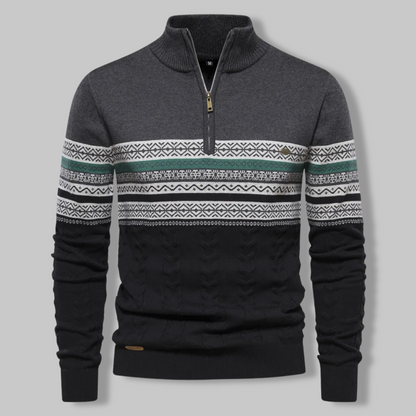 Liron — Pull homme bicolore en maille torsadée avec demi-fermeture éclair