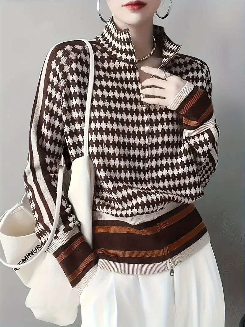 Corbin — Herre Houndstooth Striktrøje med Lynlåshals