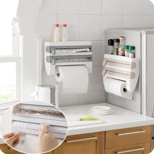 VelaWrap Organizer — Wall-Mounted Kitchen Wrap Dispenser with Spice Rack