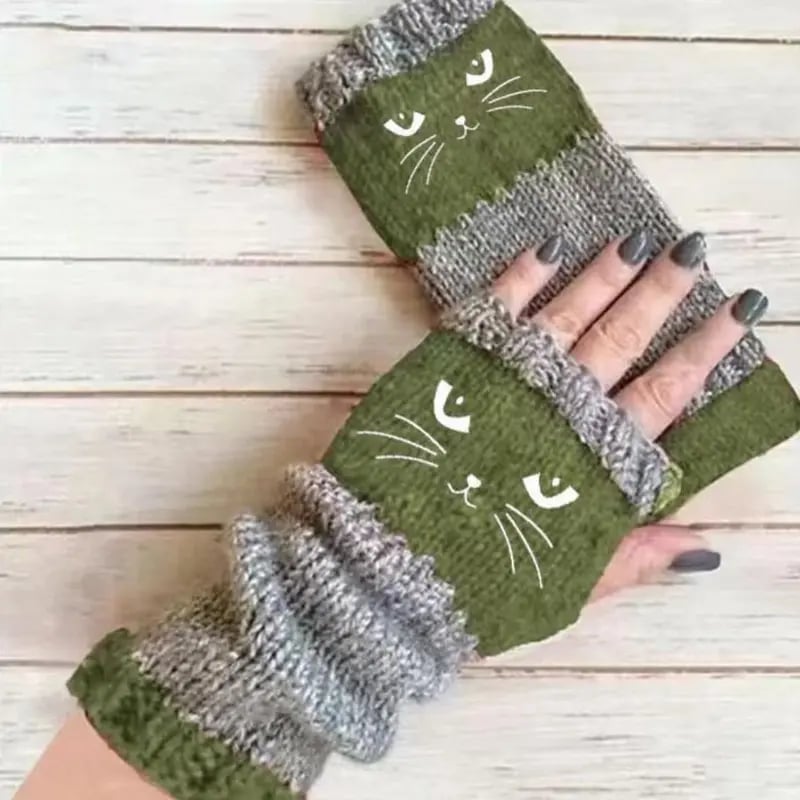 Myra CozyCat Fingerless Gloves — Warme Strickhandschuhe mit Katzenstickerei