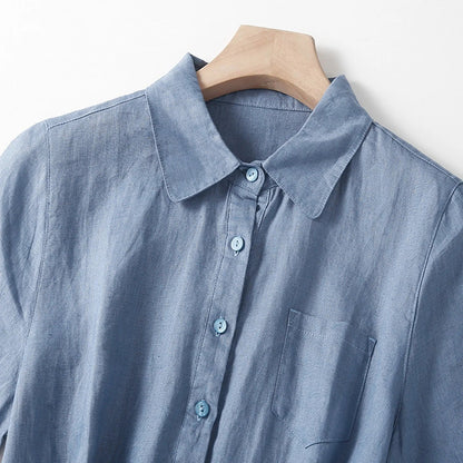 Elara Linen Midi Dress — Breathable Collared Dress with Adjustable Belt