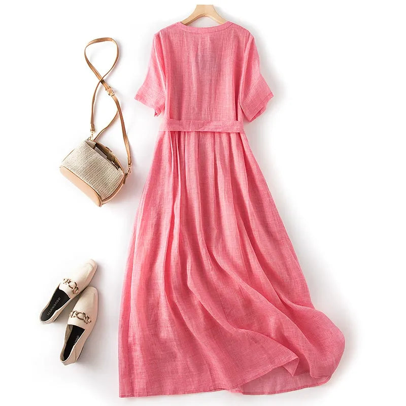 Lunera — Breathable Linen Dress with Sculpted Waist Tie