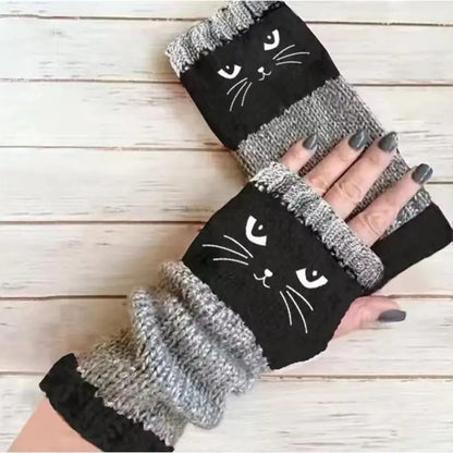 Myra CozyCat Fingerless Gloves — Warme Strickhandschuhe mit Katzenstickerei